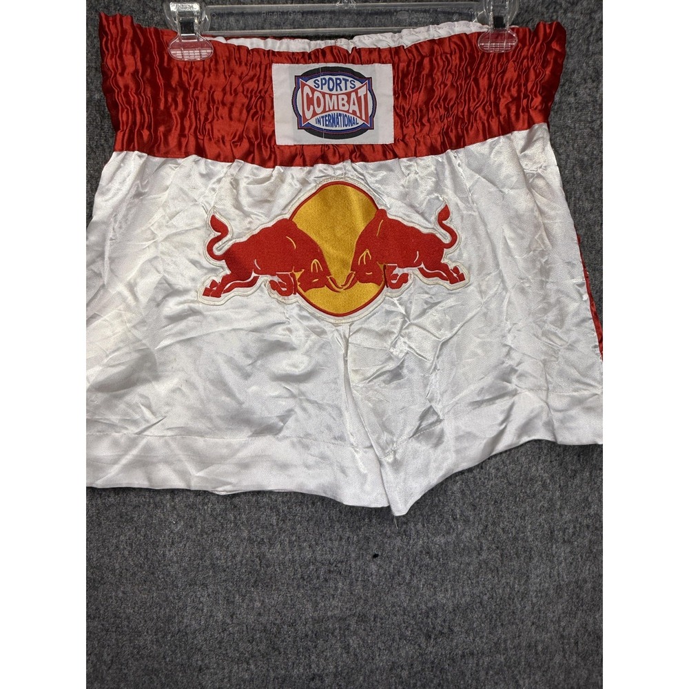 Combat Boxing Shorts Mens 2XL White Red Bulls Logo Satin Trunks Muay Thai